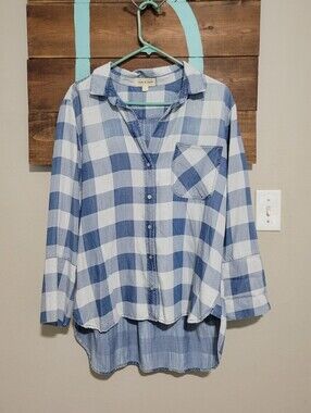 cloth & stone Blue and White Plaid Button-Down High Low Hemline Chambray Shirt L